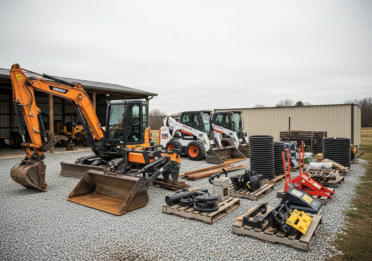 Excavation equipment and tools ready for site work, representing professional land clearing and grading services.