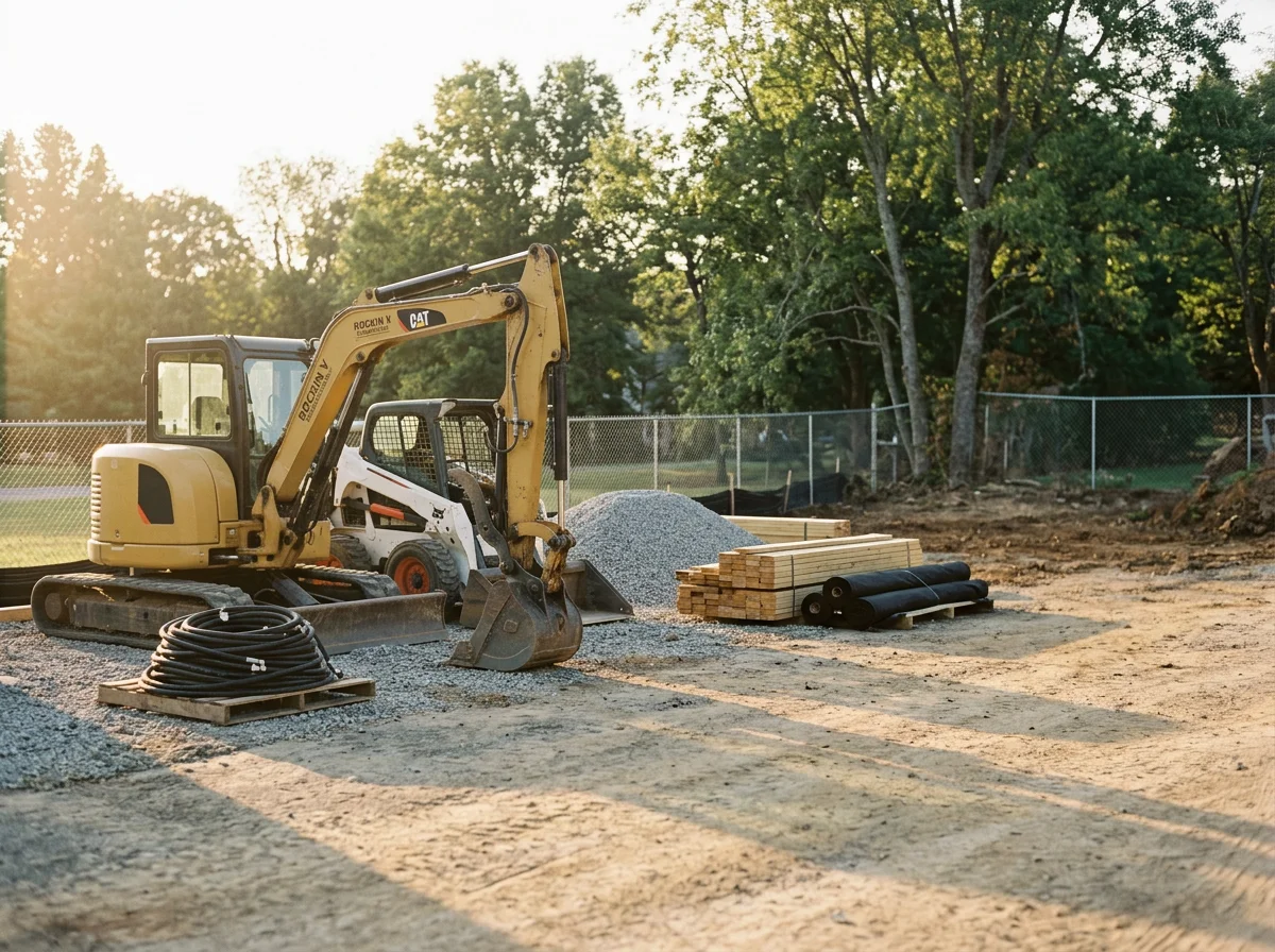 Excavation equipment and machinery on a job site, ready for land clearing and site preparation work.