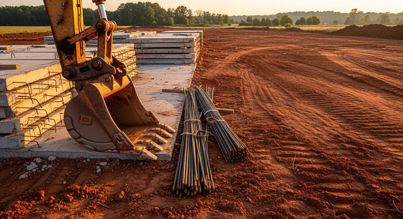 Demolition equipment removing concrete from a residential site