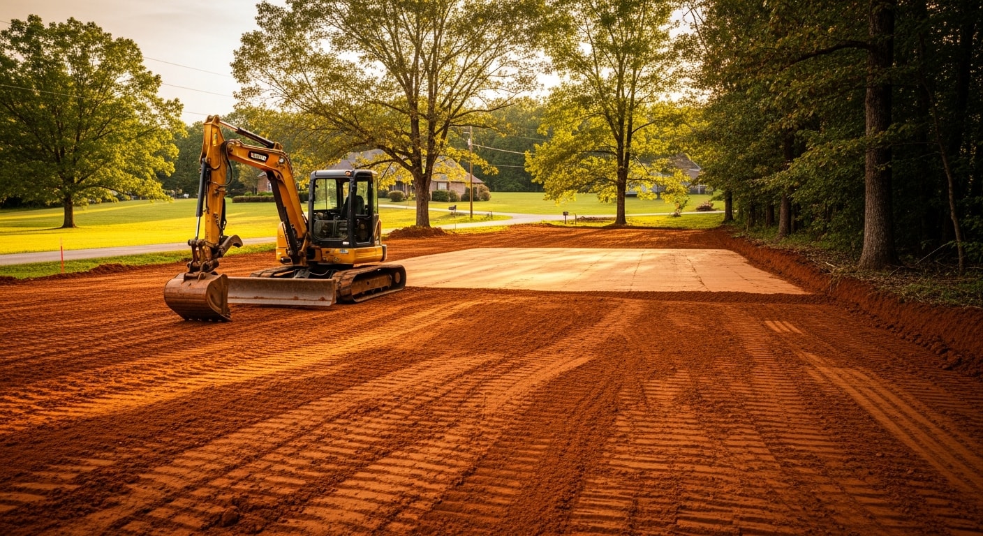 Excavation equipment preparing a residential building site