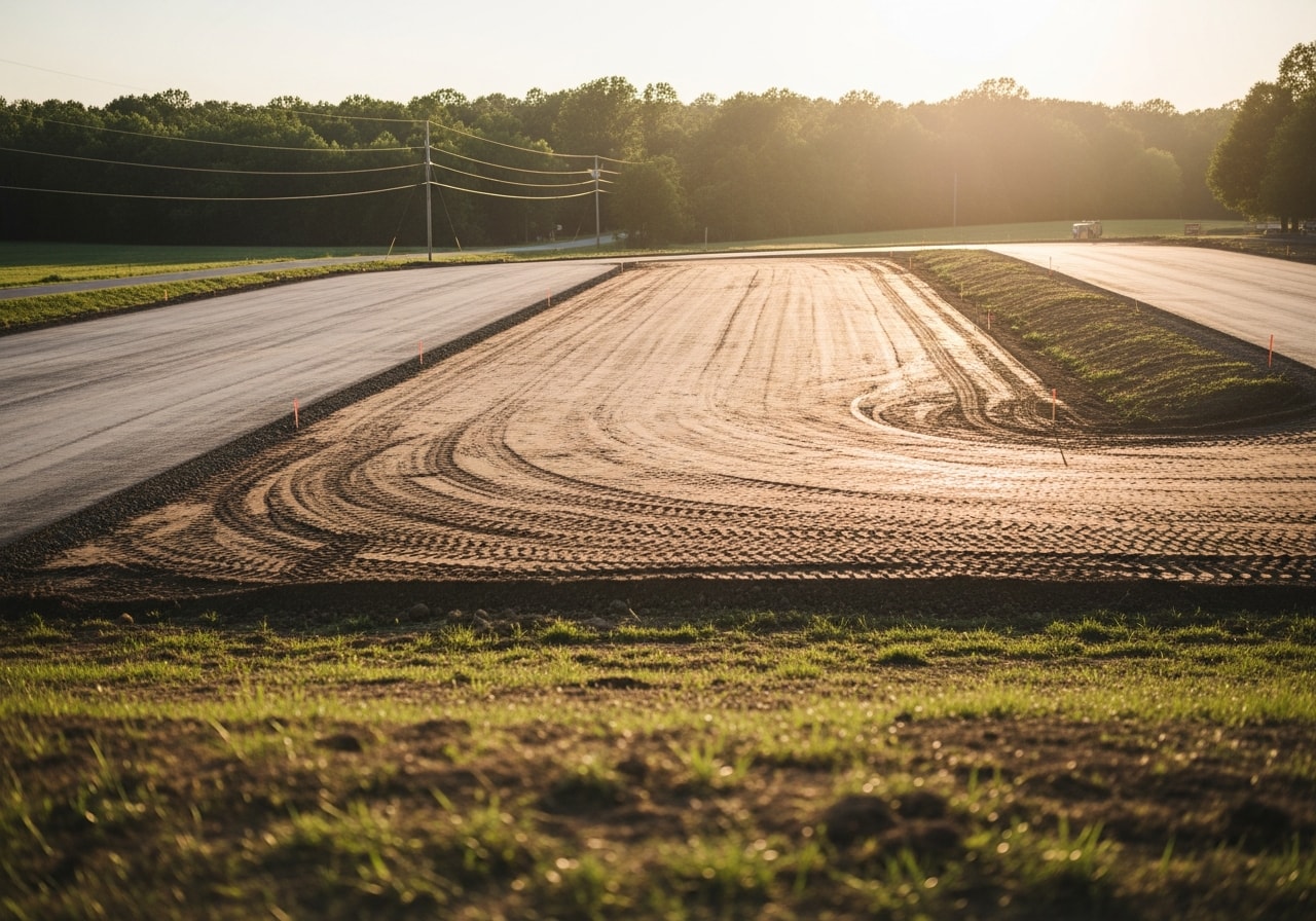 Graded and compacted commercial lot in Lawrenceburg ready for paving