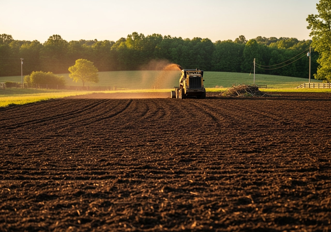 Forestry mulched acreage in Shelbyville with cleared ground and mulch coverage