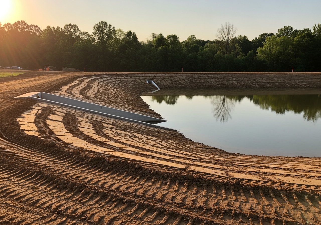 Completed retention pond with graded spillway in Franklin