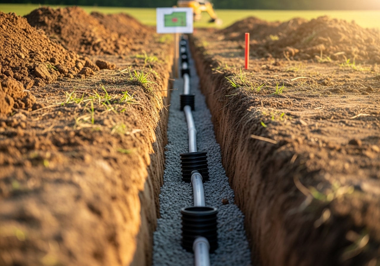 Completed utility trenches and drainage system in Pulaski