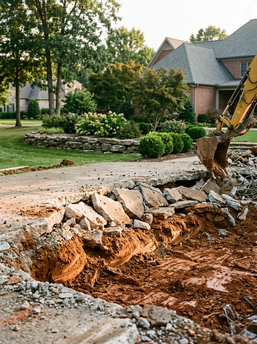 Demolished concrete pool deck being removed from a Brentwood, TN estate property, with clay soil exposed and surrounding landscaping intact.