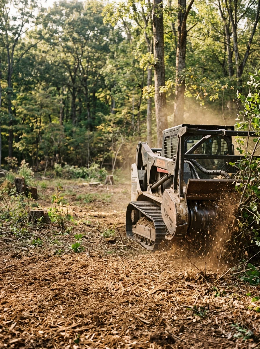 Forestry mulcher working through dense brush on a Maury County rural property outside Columbia, TN, with mulched ground visible in the foreground.