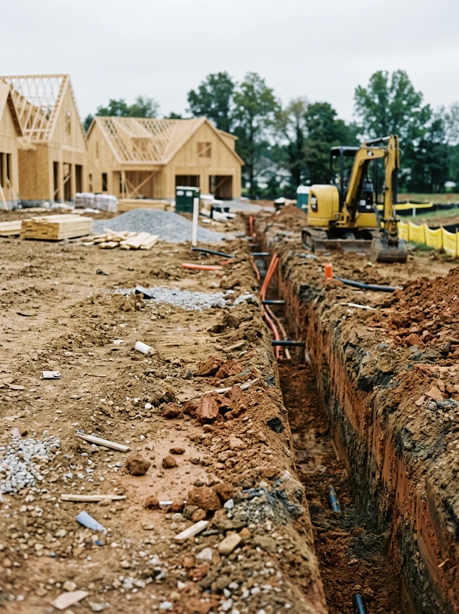 Utility trench being dug on a Franklin, TN new construction lot with clay soil visible along the trench walls and framed structures nearby.
