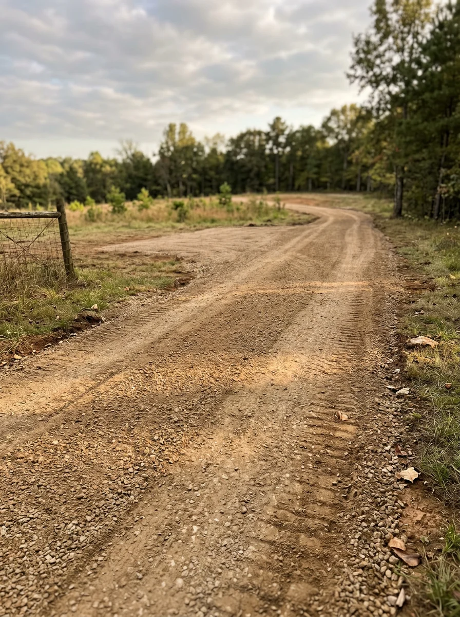 Freshly graded driveway pad on a Lewisburg, TN acreage property showing compacted base material and surrounding cleared land.