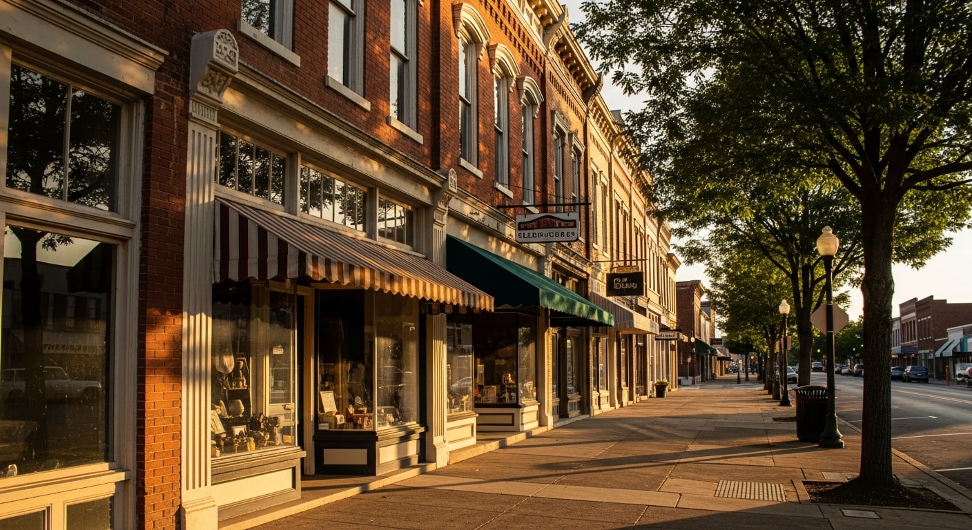 Historic downtown Lewisburg street with brick buildings and mature trees lining the sidewalk.
