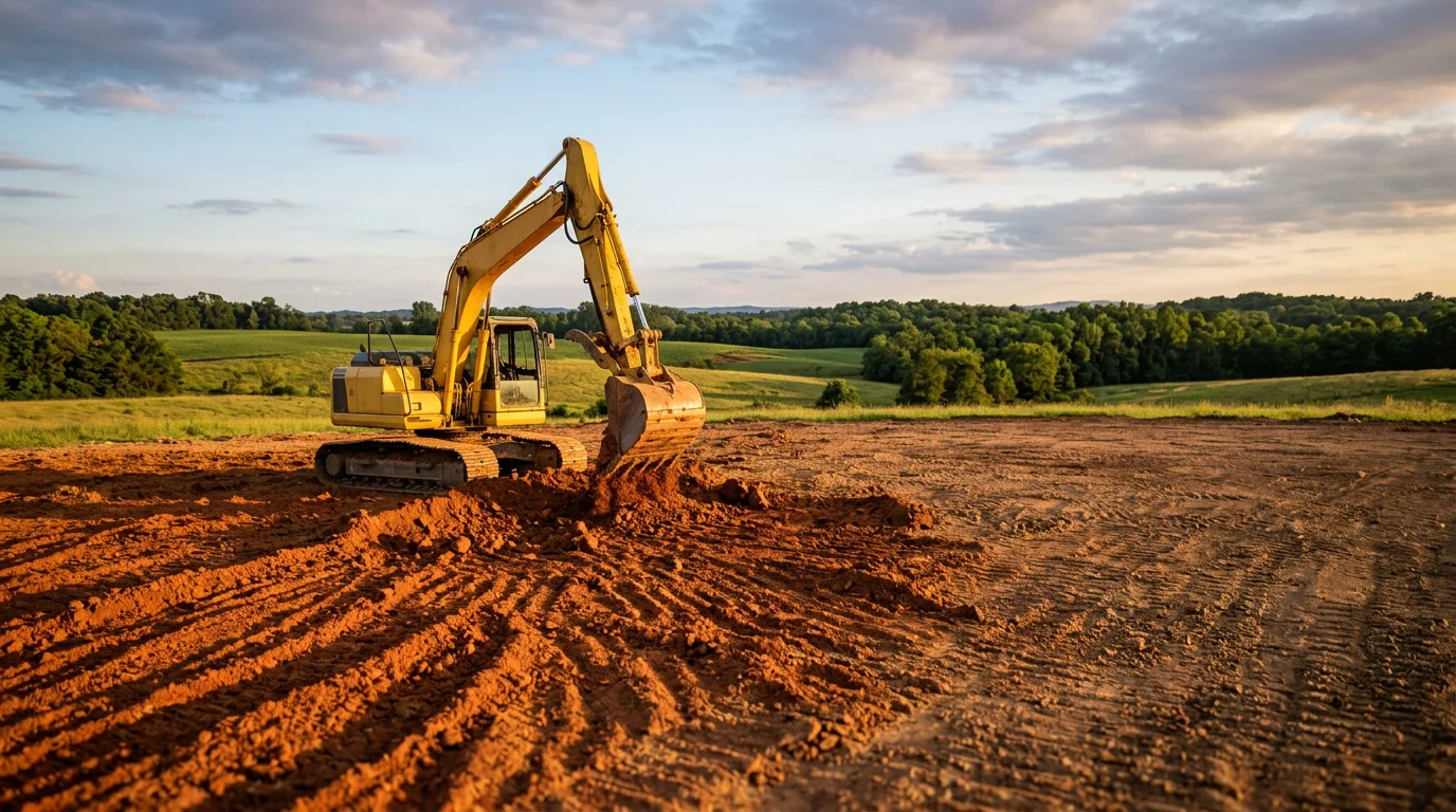 Excavator grading a rural lot in Lewisburg, Tennessee, with red clay soil visible and rolling Marshall County farmland in the background.