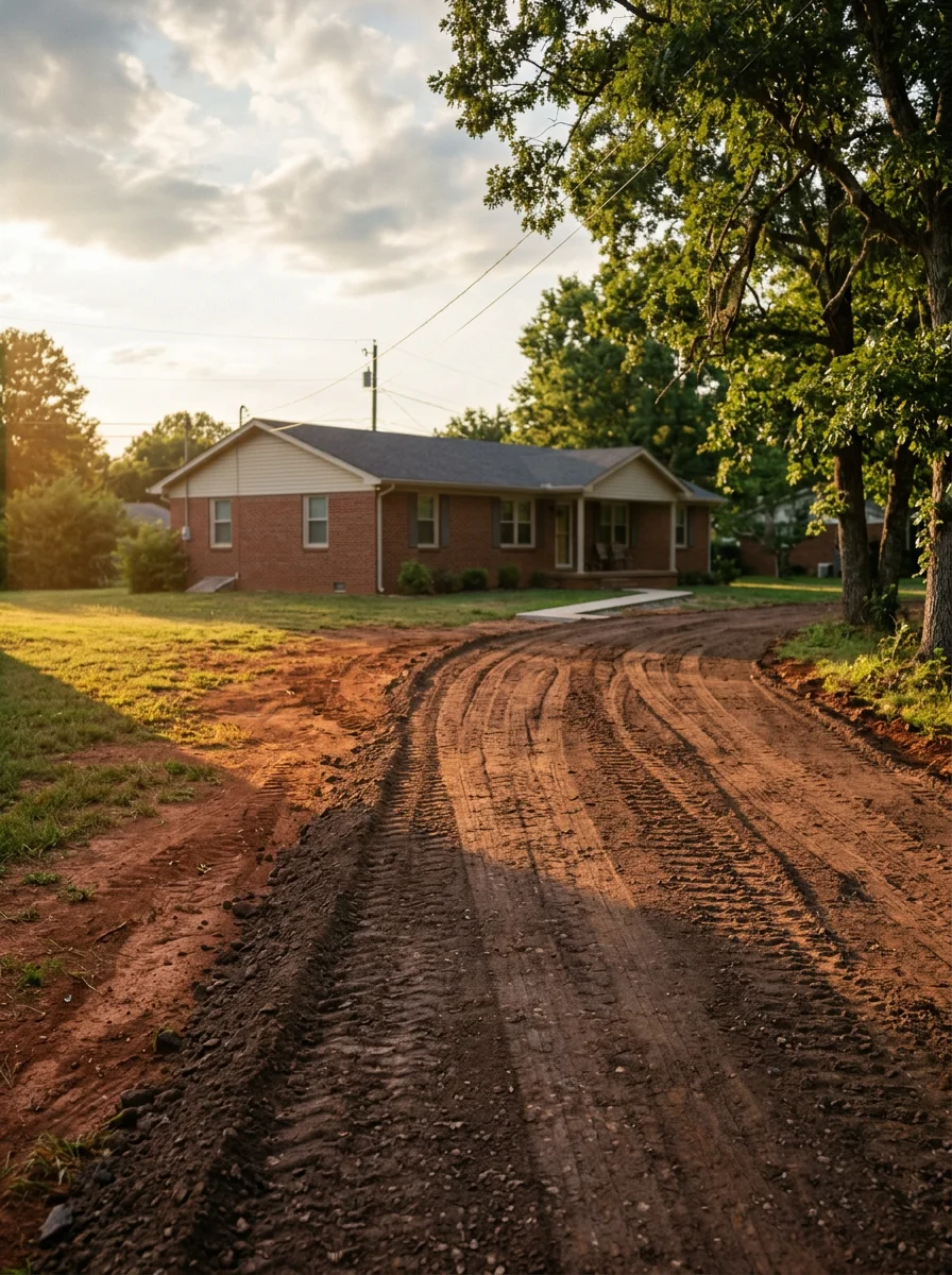 Graded and compacted driveway base on a Murfreesboro, TN property showing prepared subgrade material with surrounding clay soil and residential structures nearby.