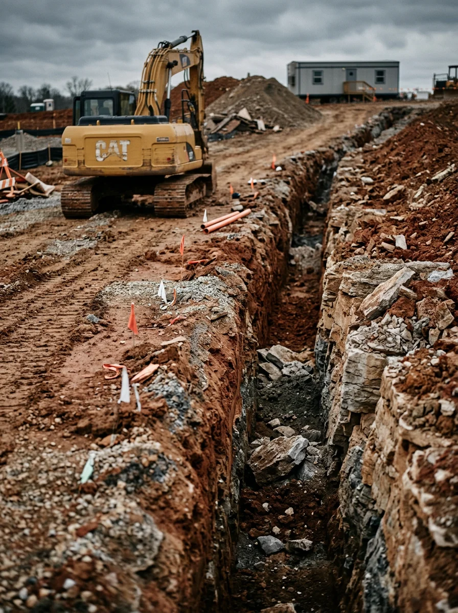 Utility trench being excavated on a Nashville, TN new construction lot with limestone rock visible along the trench wall and surrounding clay soil exposed.