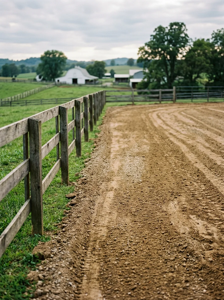 Graded equipment pad on a Shelbyville, TN horse farm property with compacted base material visible and agricultural fencing and pasture in the surrounding area.