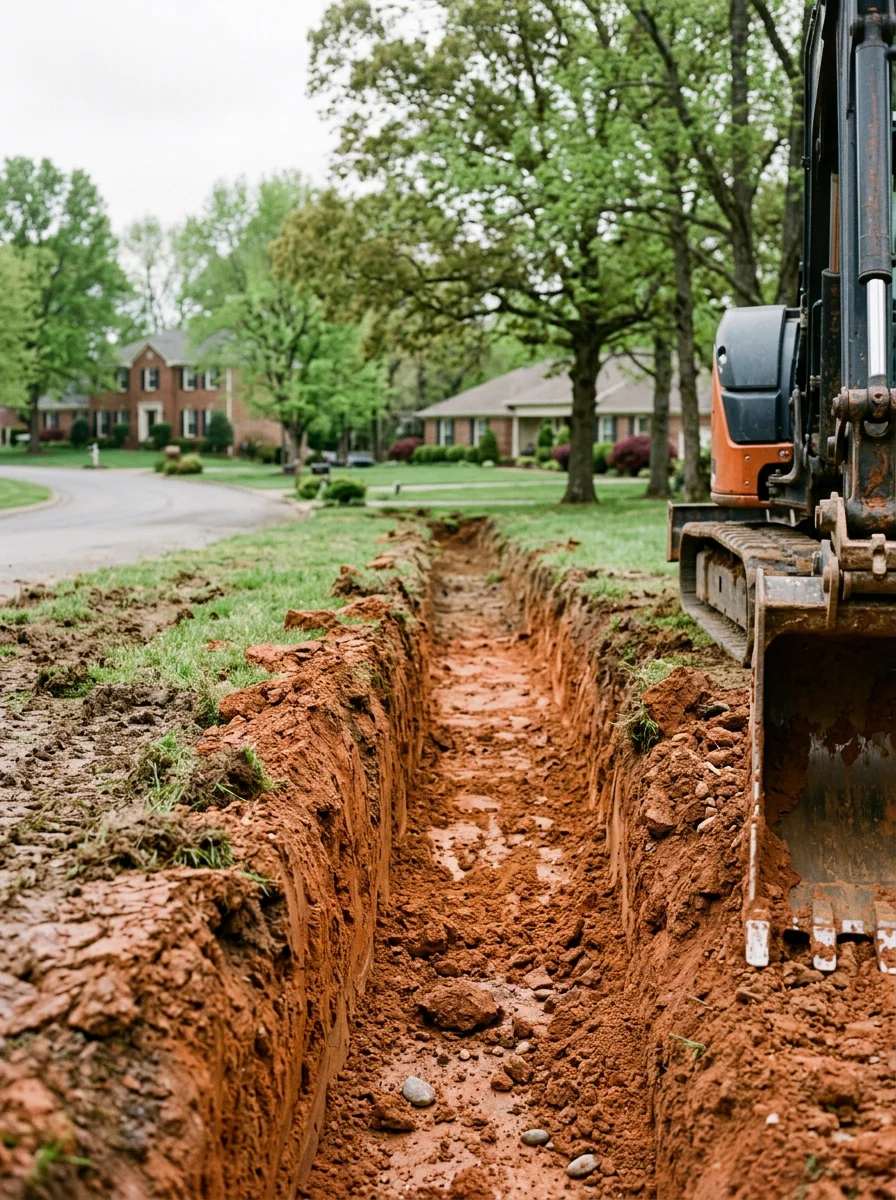 Drainage swale being cut into a Spring Hill, TN subdivision lot with clay soil exposed and neighboring homes visible along the street.