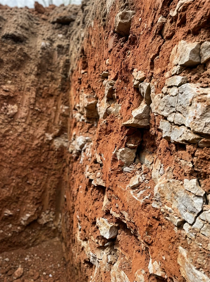 Close-up of red clay soil and limestone bedrock exposed in excavation trench, showing karst terrain typical of Middle Tennessee