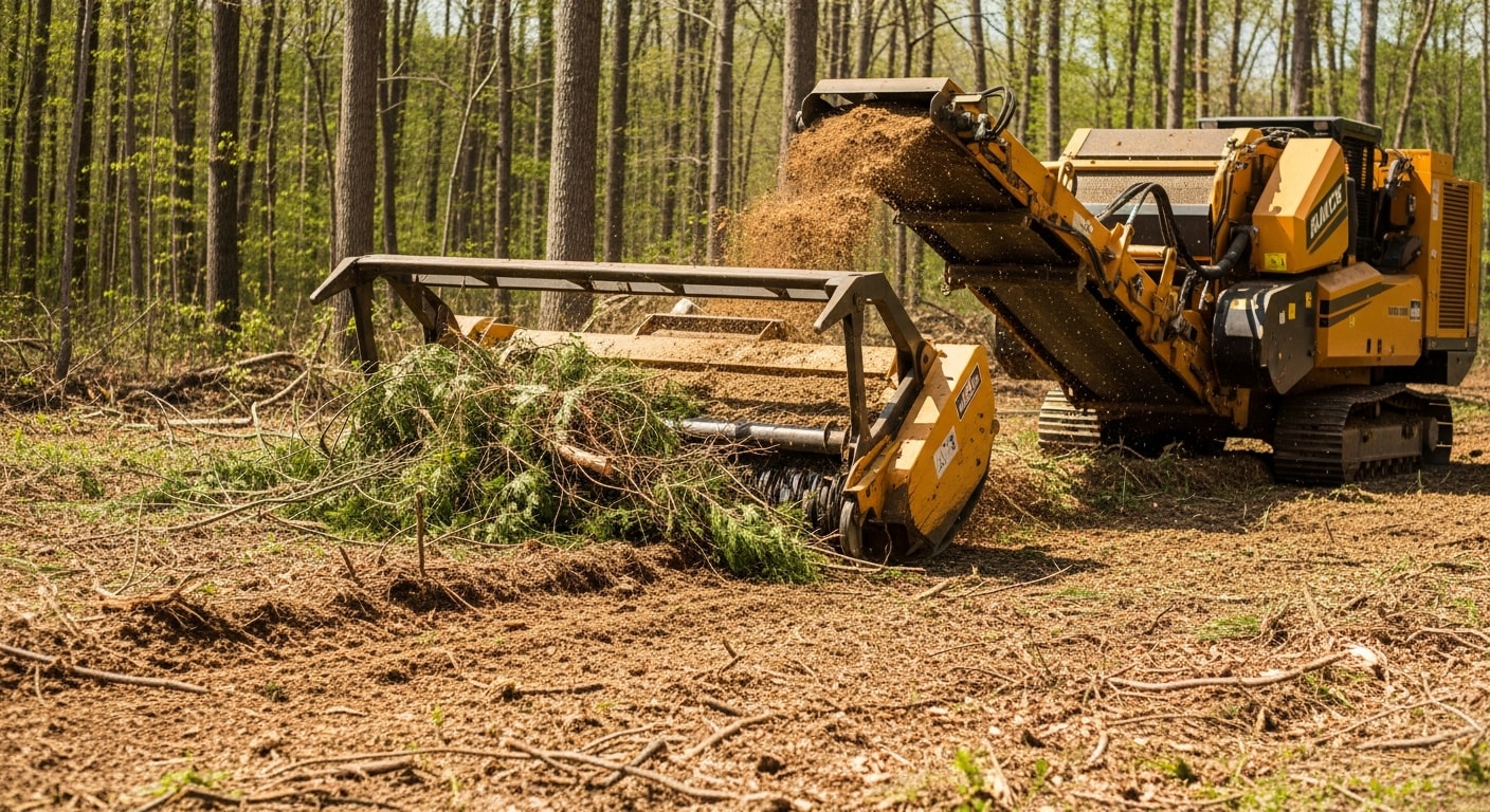A forestry mulching machine clearing dense brush and overgrown vegetation on a rural Lewisburg property. The cleared ground shows a layer of fresh wood mulch with open land visible behind the machine.