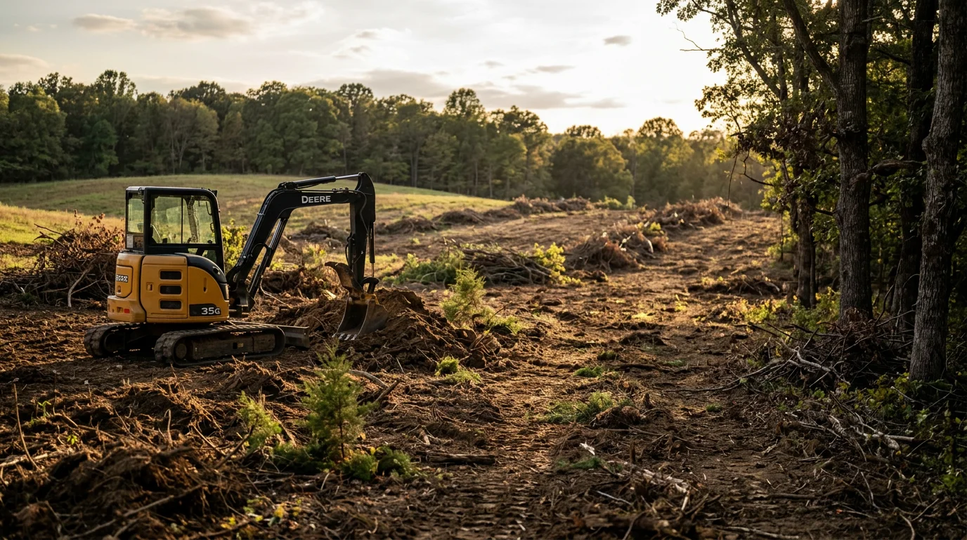 Excavating equipment clearing dense brush and overgrowth from a rural property in Lewisburg, Tennessee. The cleared area shows open ground ready for grading or fencing after brush removal.