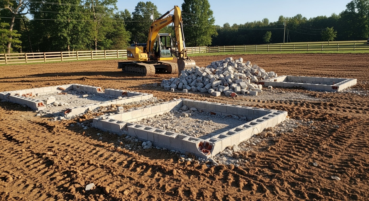 A tracked excavator breaking down a single-story wood-frame structure on a residential lot in Lewisburg, TN. Debris is piled on-site with cleared ground visible around the foundation perimeter.