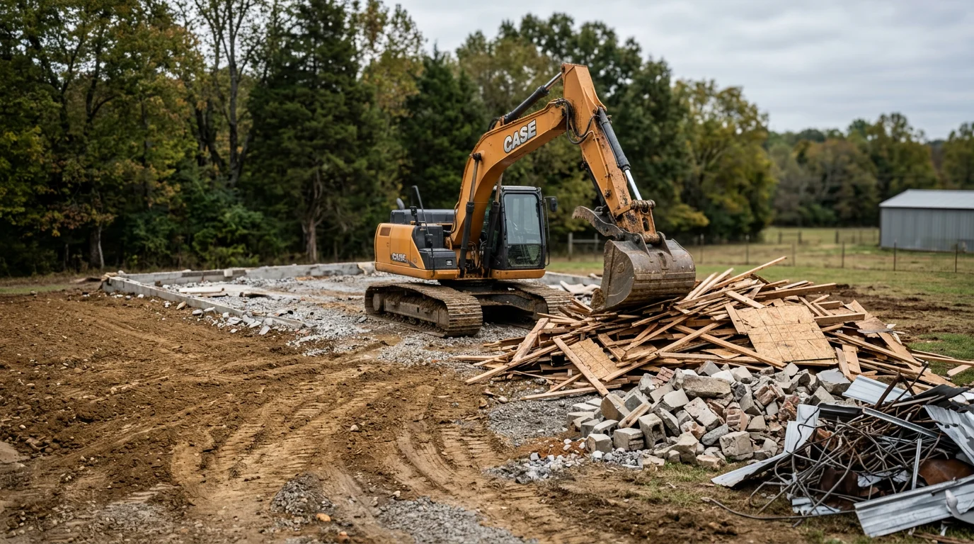 A Rockin V Excavating machine tearing down an old wood-frame outbuilding on a rural Middle Tennessee property near Lewisburg, with cleared land visible in the background.