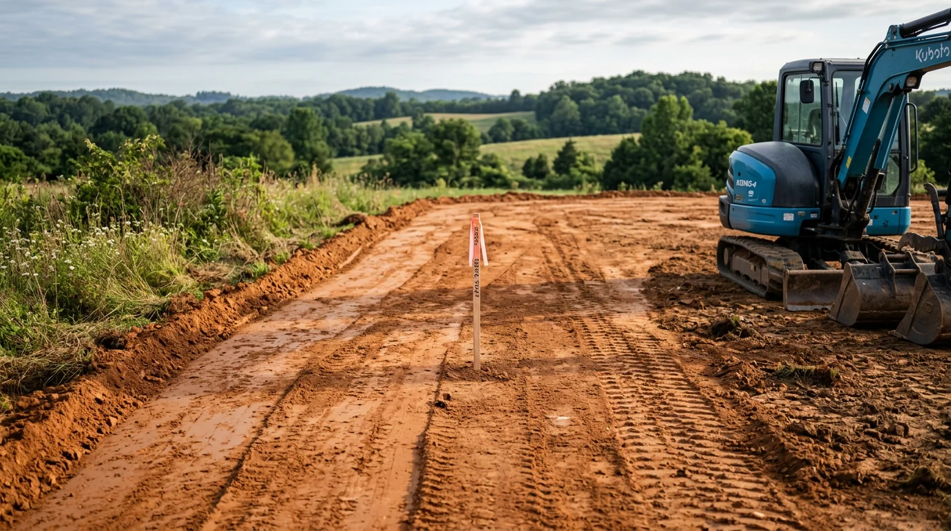 Excavator grading a level building pad on a cleared rural lot in Lewisburg, Tennessee, with compacted fill and surrounding rolling terrain visible. The prepared pad is ready for residential or agricultural construction.