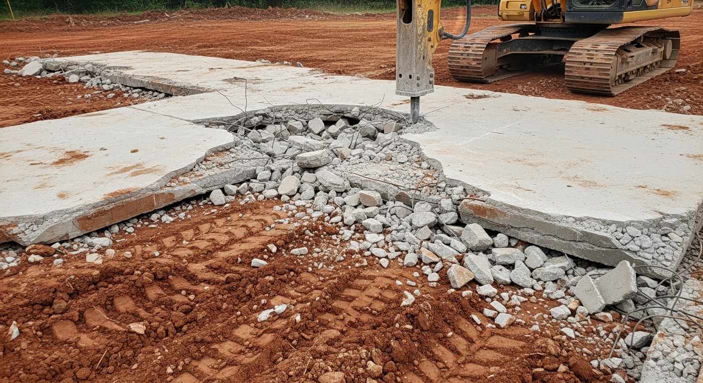 A concrete slab being broken and removed by an excavator on a residential property in Lewisburg, West Virginia. Broken concrete pieces are staged near the machine, with cleared ground visible where the slab has been lifted.