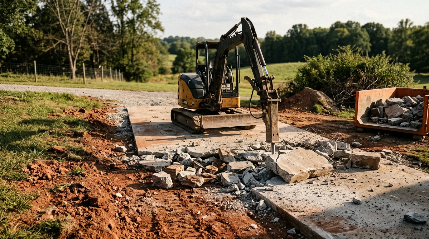 A Rockin V Excavating machine breaking out a cracked concrete slab on a residential property in Lewisburg, Tennessee. Broken concrete pieces are staged nearby for haul-off, with exposed soil visible where the slab has been removed.