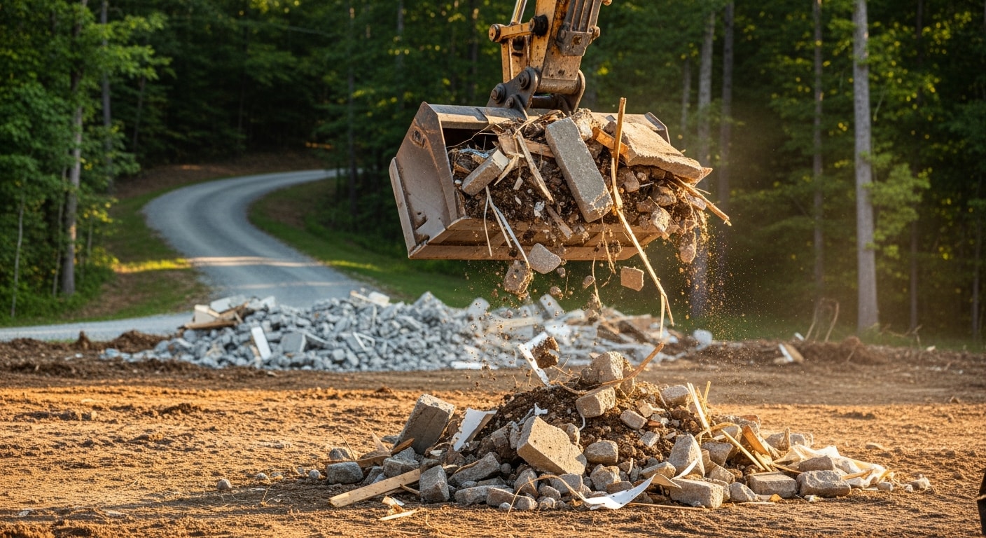 A cleared construction site in Lewisburg with concrete rubble and demolition waste loaded into an excavator bucket. The surrounding ground is graded and free of loose debris after a residential demolition job.