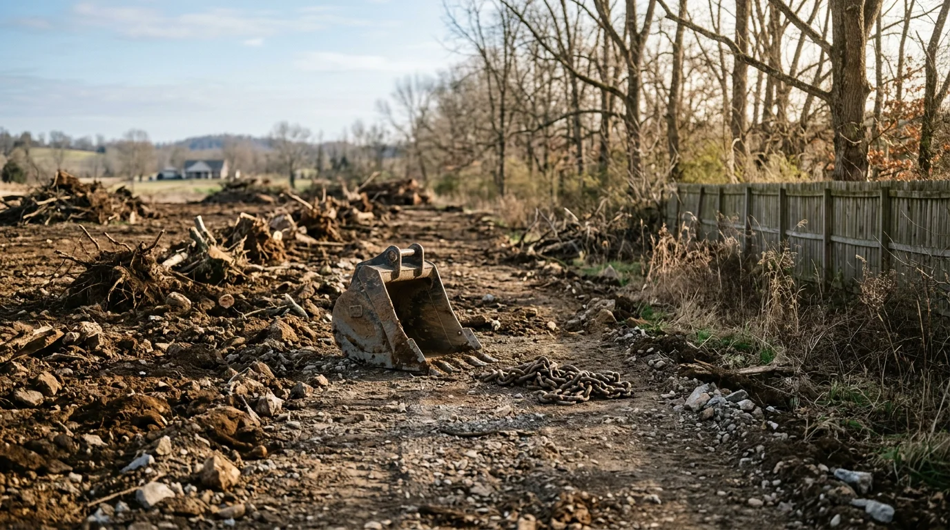 A cleared residential lot in Lewisburg, Tennessee after debris removal, showing bare ground free of brush, stumps, and construction waste. An excavator from Rockin V Excavating is visible in the background near a loaded haul truck.