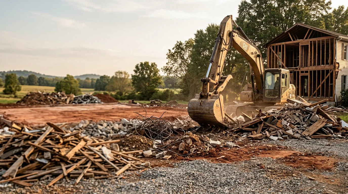 Excavating equipment tearing down an old wood-frame outbuilding on a rural property in Lewisburg, Tennessee. Debris is staged for removal with cleared land visible in the background.