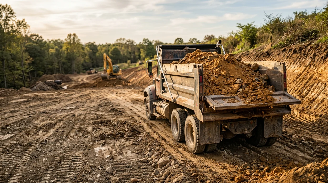 A Rockin V Excavating machine loading excess dirt into a haul truck on a cleared residential lot in Lewisburg, Tennessee. The site shows freshly moved soil with a clean, level surface ready for the next phase of construction.