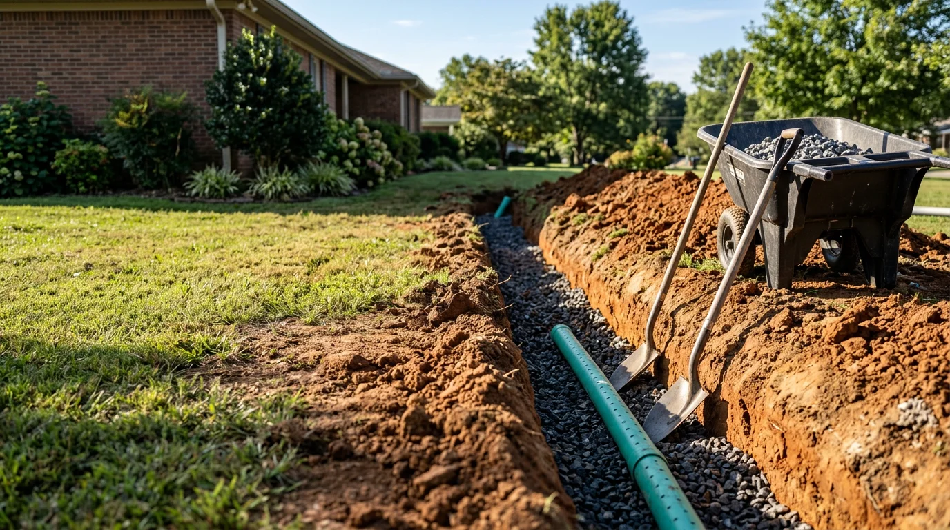 Excavated trench with drainage pipe installed along the foundation of a residential property in Lewisburg, Tennessee, showing clay soil conditions and gravel bedding around the pipe before backfill.