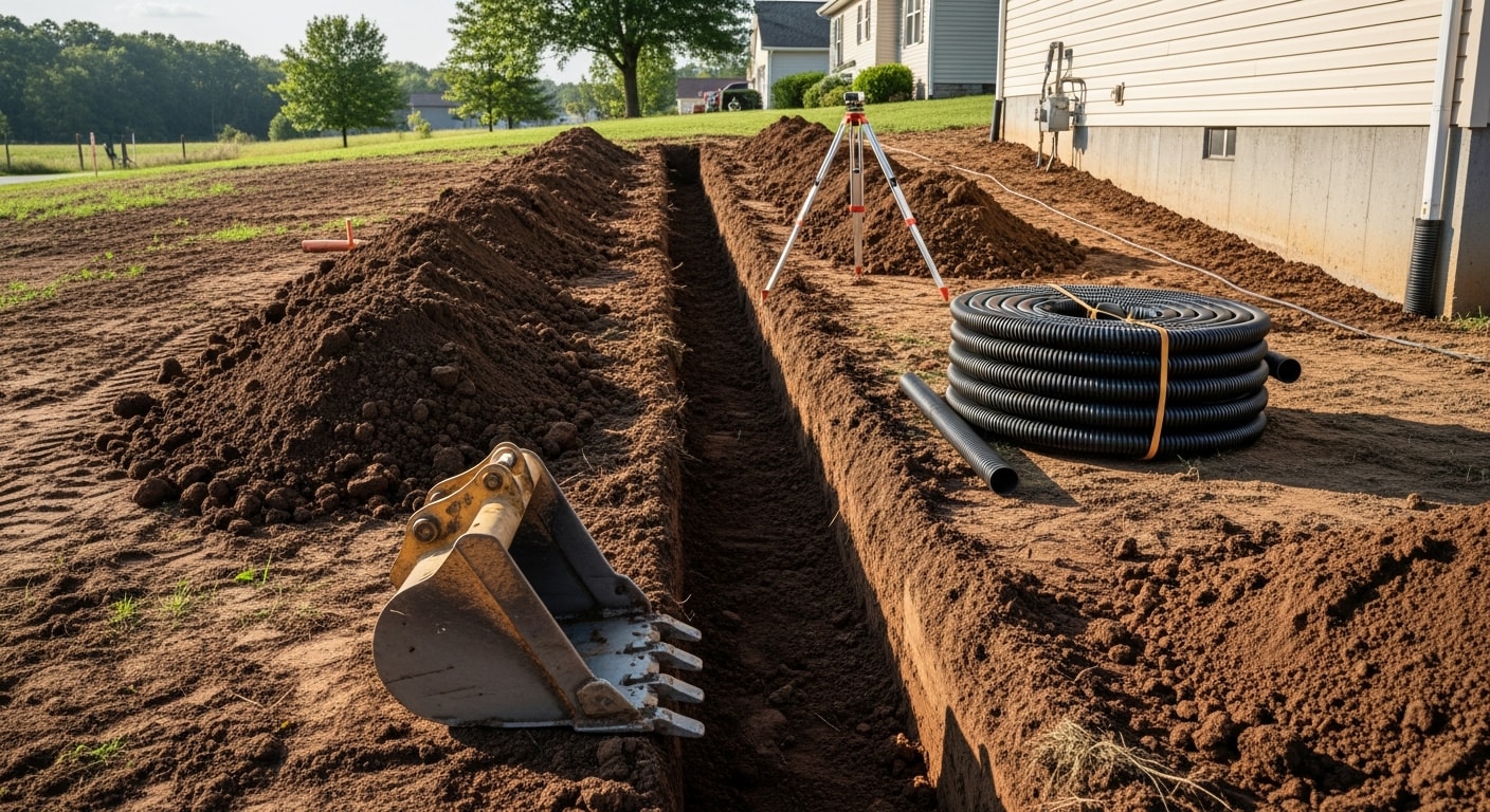 Excavated trench with a French drain installation on a residential property in Lewisburg, WV, showing gravel bed and perforated pipe directing water away from the home's foundation. Surrounding clay soil and graded yard visible in the background.