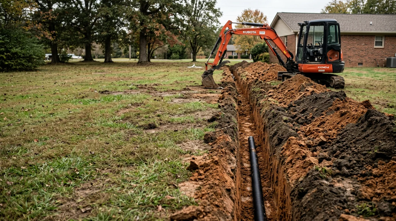 A freshly trenched French drain installation in a residential yard in Lewisburg, Tennessee, with compacted clay soil visible along the trench line and a gravel-filled channel directing water away from the home's foundation.