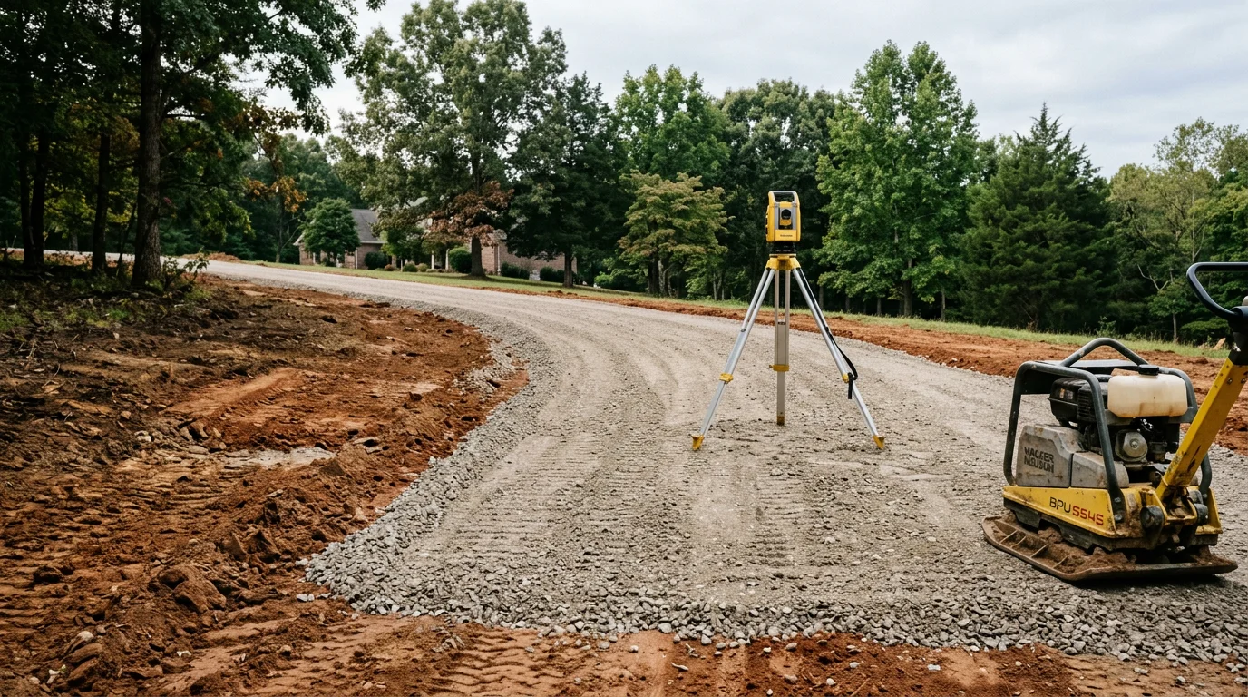 Excavator grading and compacting a crushed stone driveway base on a residential property in Lewisburg, Tennessee. Freshly leveled layers of base material extend toward a rural home with Middle Tennessee terrain in the background.