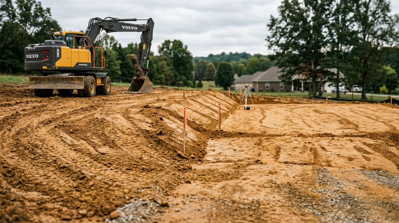 Excavator digging and grading a residential driveway path on a rural property in Lewisburg, Tennessee, with cleared soil and a shaped subgrade ready for base material.