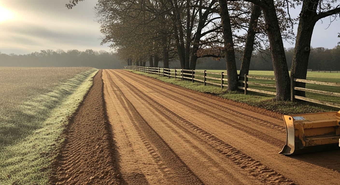 A freshly graded gravel driveway on a rural Lewisburg, WV property with a smooth, crowned surface and clear water runoff channels along the edges. An excavator sits at the end of the driveway after completing grading work on the sloped terrain.