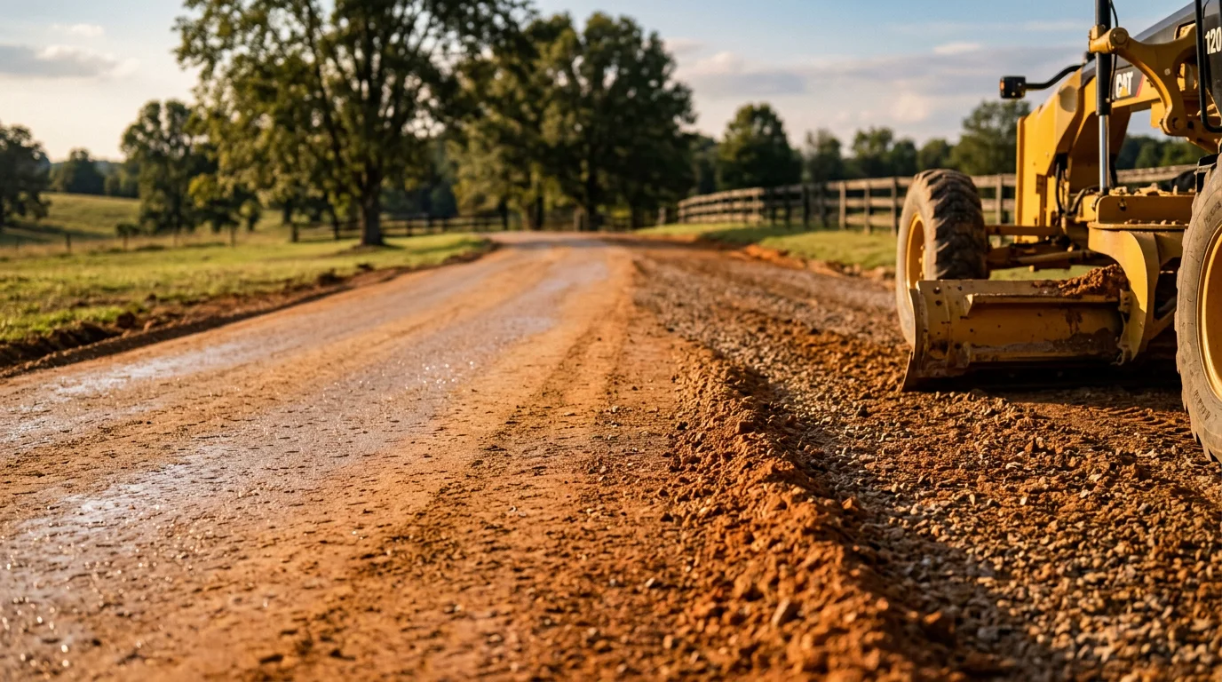 A freshly graded gravel driveway on a rural Middle Tennessee property near Lewisburg, showing a smooth crowned surface with water draining away from the center toward the sides. An excavator is visible in the background on the clay-soil lot.