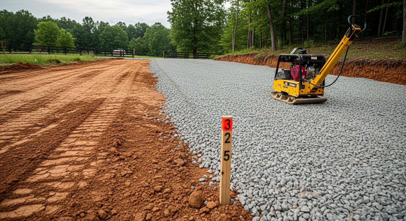 A newly installed gravel driveway on a residential property in Lewisburg, WV, with a compacted base and clean graded edges leading to a home. An excavator is visible in the background on the job site.