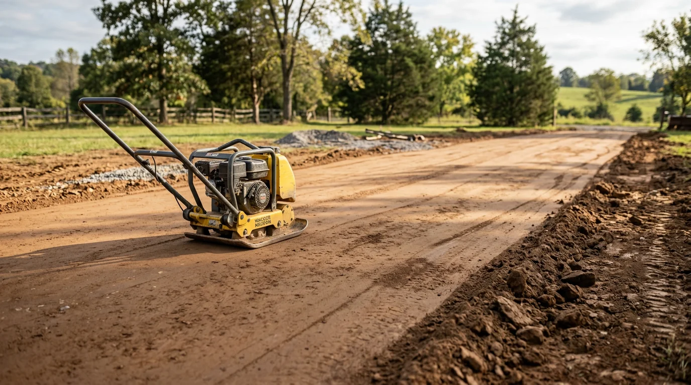 A freshly graded and compacted gravel driveway on a residential property in Lewisburg, Tennessee, with a clear center crown and clean drainage edges. The driveway leads from the road to a home set back on a Middle Tennessee lot with natural tree lines on either side.