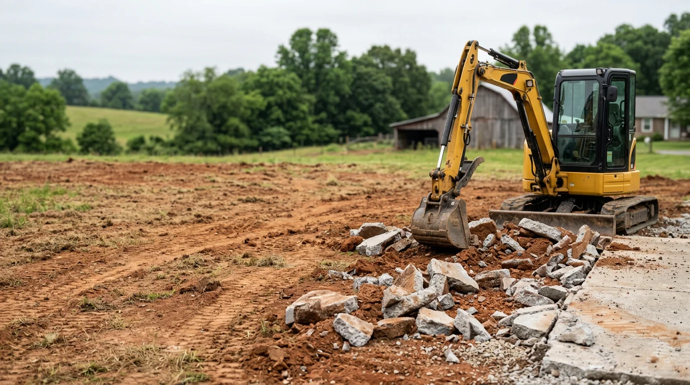 Heavy excavating equipment breaking out and removing a deteriorated concrete driveway at a residential property in Lewisburg, Tennessee. The cleared site shows level ground ready for a new driveway installation.