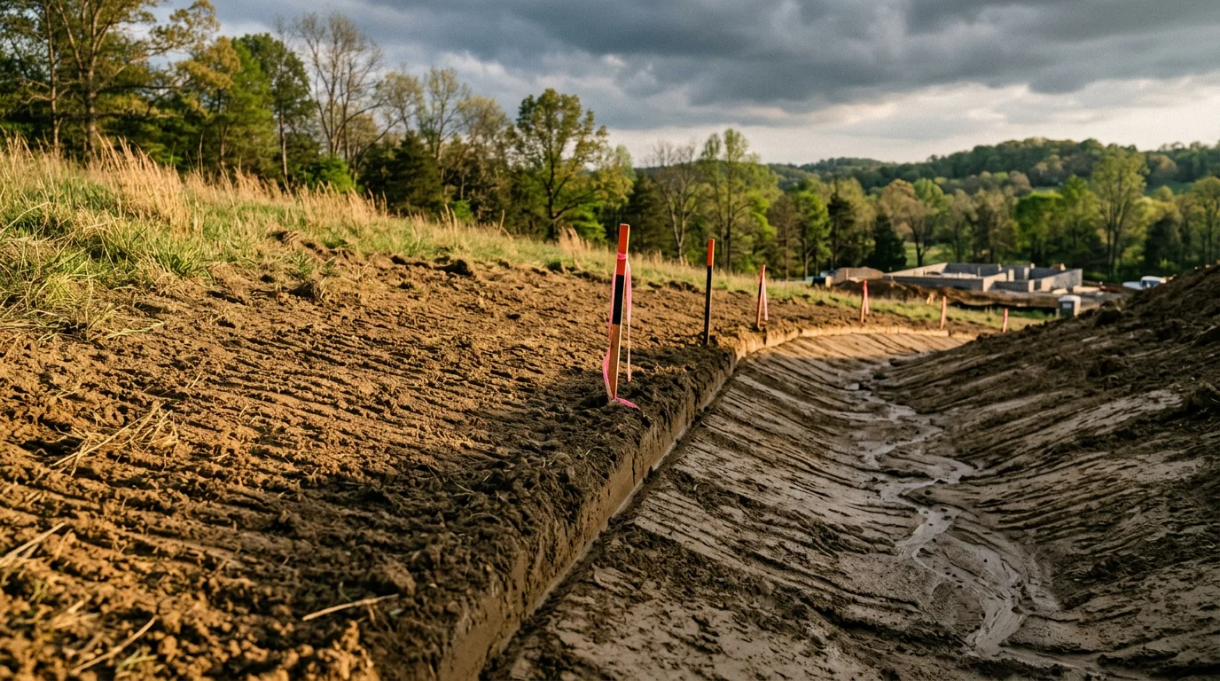 A graded and stabilized sloped yard on a residential property in Lewisburg, Tennessee, showing smooth compacted soil and reshaped terrain directing water runoff away from the home's foundation. Excavation equipment is visible in the background after completed erosion control dirt work.