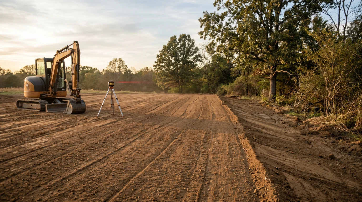An excavator grading a sloped residential lot in Lewisburg, Tennessee, with freshly moved earth leveled into a smooth building pad. The surrounding Middle Tennessee rolling terrain is visible in the background.