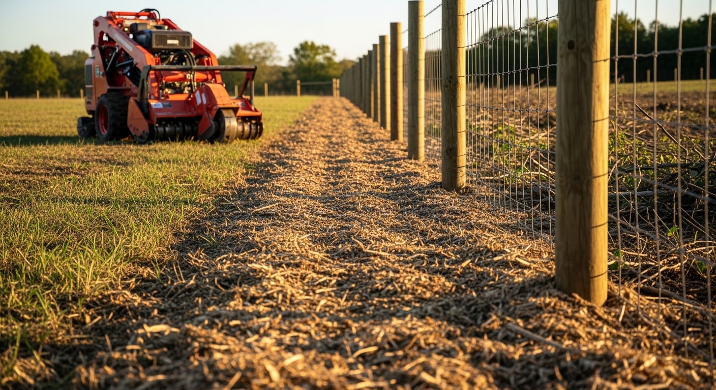 A freshly cleared fence line on a rural Lewisburg property showing exposed wire fencing and mulched ground cover where dense brush and woody growth once stood. Forestry mulching equipment visible in the background working along the property boundary.