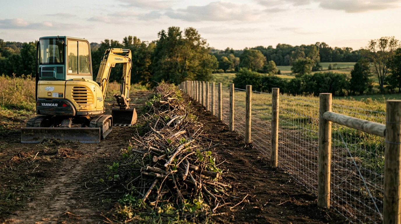 A cleared fence line on a rural Middle Tennessee property near Lewisburg, showing open ground along a wire fence with brush and overgrowth removed. Excavating equipment from Rockin V Excavating visible in the background on a grassy field.