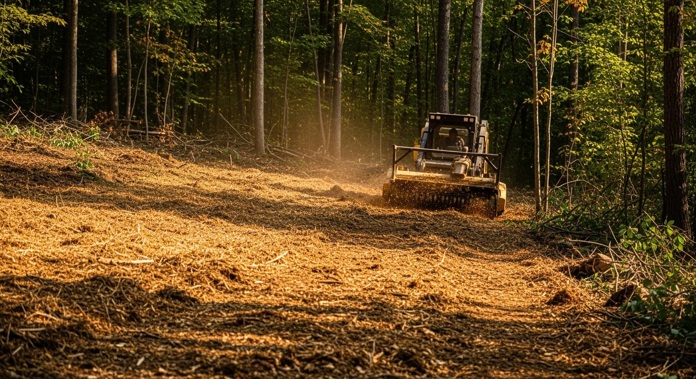 A forestry mulcher clearing dense brush and small trees on a sloped, wooded property near Lewisburg, West Virginia. The cleared area shows a layer of shredded mulch on the ground with mature trees left standing in the background.