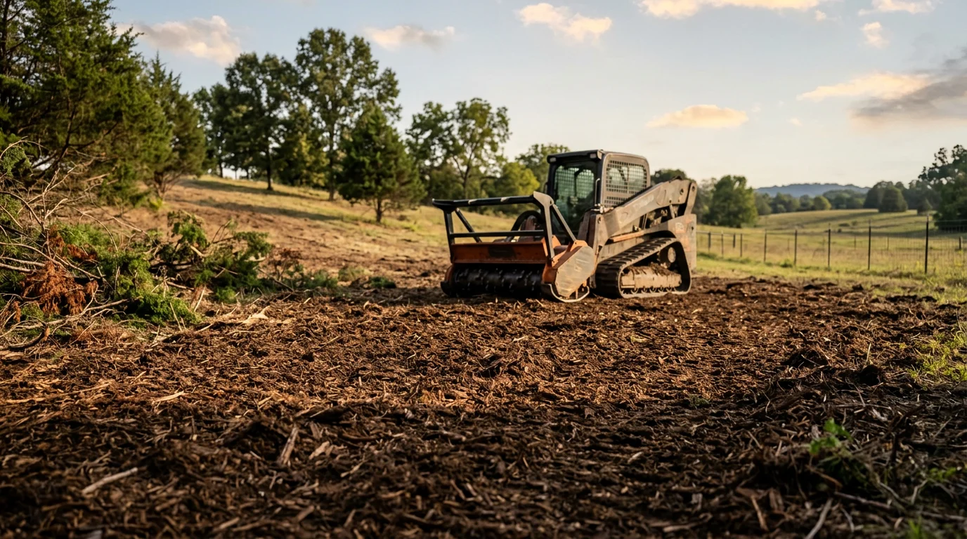 A forestry mulcher clearing dense brush and cedar saplings on a rural property in Lewisburg, Tennessee, with a clean layer of wood mulch covering the ground where overgrowth once stood.
