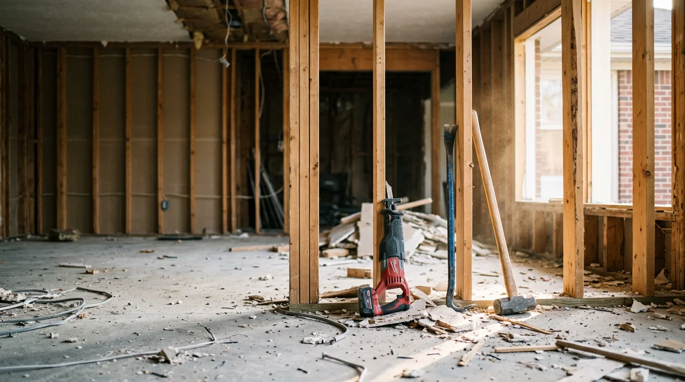 Interior demolition in progress inside a Lewisburg, Tennessee home, with walls stripped to the studs and flooring removed in preparation for renovation. The structural frame remains intact while the cleared space is ready for the next phase of work.