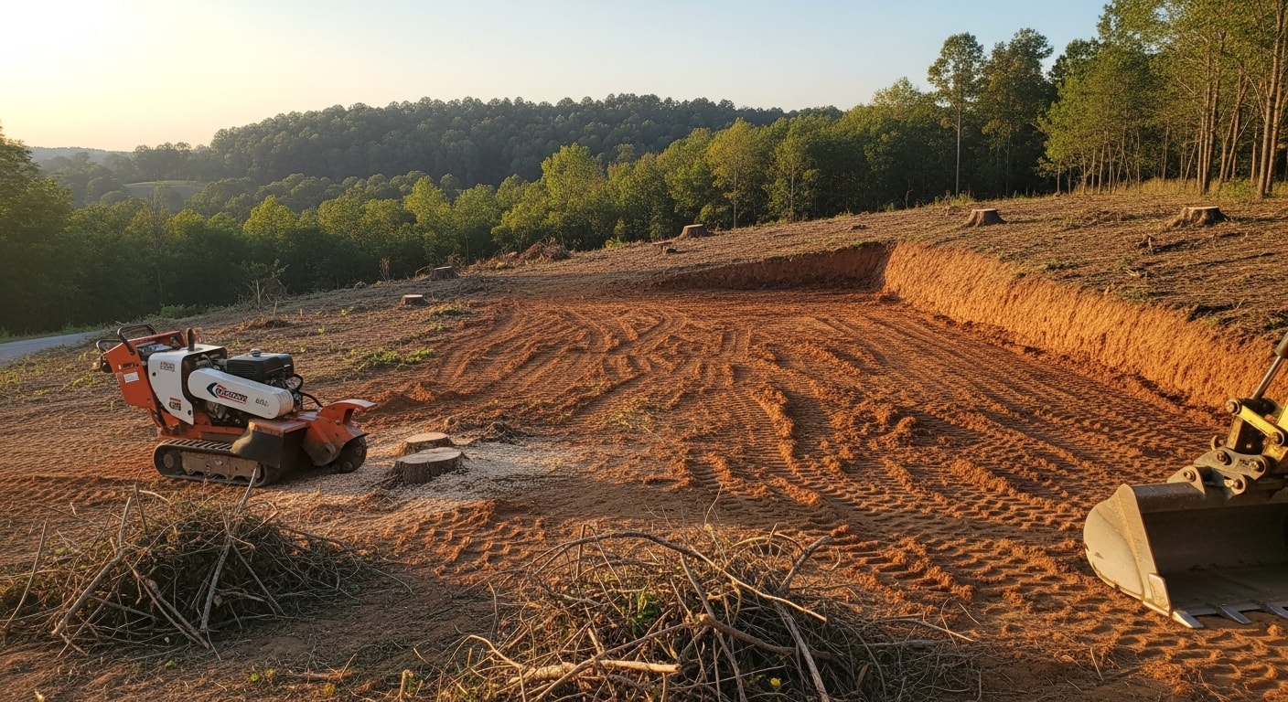 A freshly cleared residential lot in Lewisburg with trees, stumps, and brush removed, leaving level ground ready for construction. A Rockin V Excavating machine is visible on the graded site.