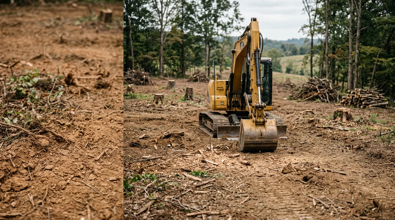 A Lewisburg, Tennessee property after land clearing, showing open ground with trees, brush, and stumps removed across a rolling Marshall County lot. Excavation equipment is visible at the edge of the cleared area.