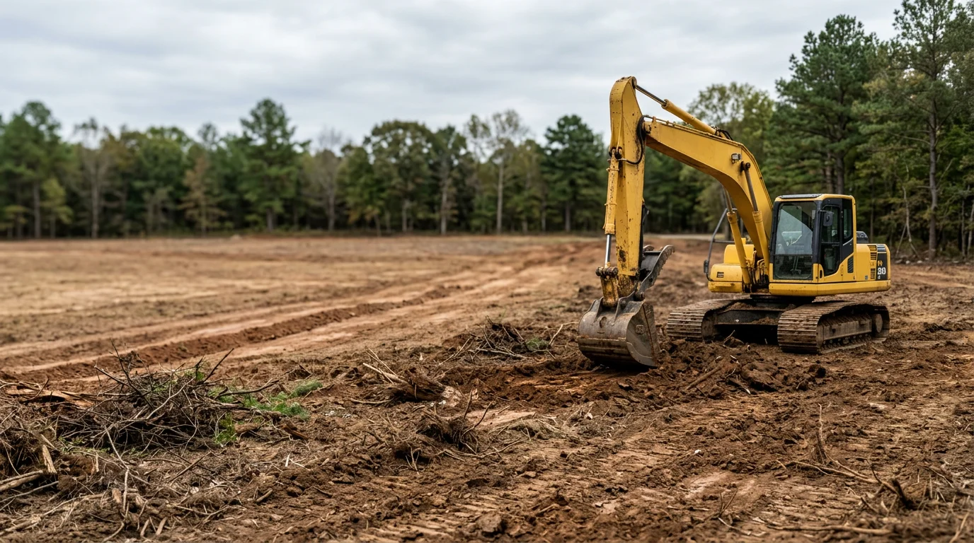 A freshly graded and cleared lot in Lewisburg, Tennessee, with smooth, level soil ready for construction. An excavator sits at the edge of the prepared site against a backdrop of Middle Tennessee countryside.
